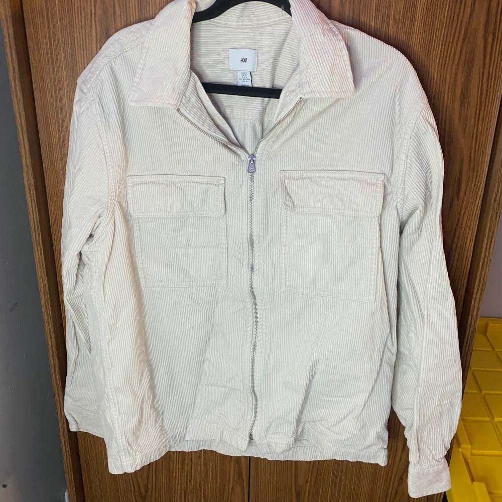 H&M Corduroy Zip Up Shirt Jacket Mens Medium Cream Off White Workwear Shacket
